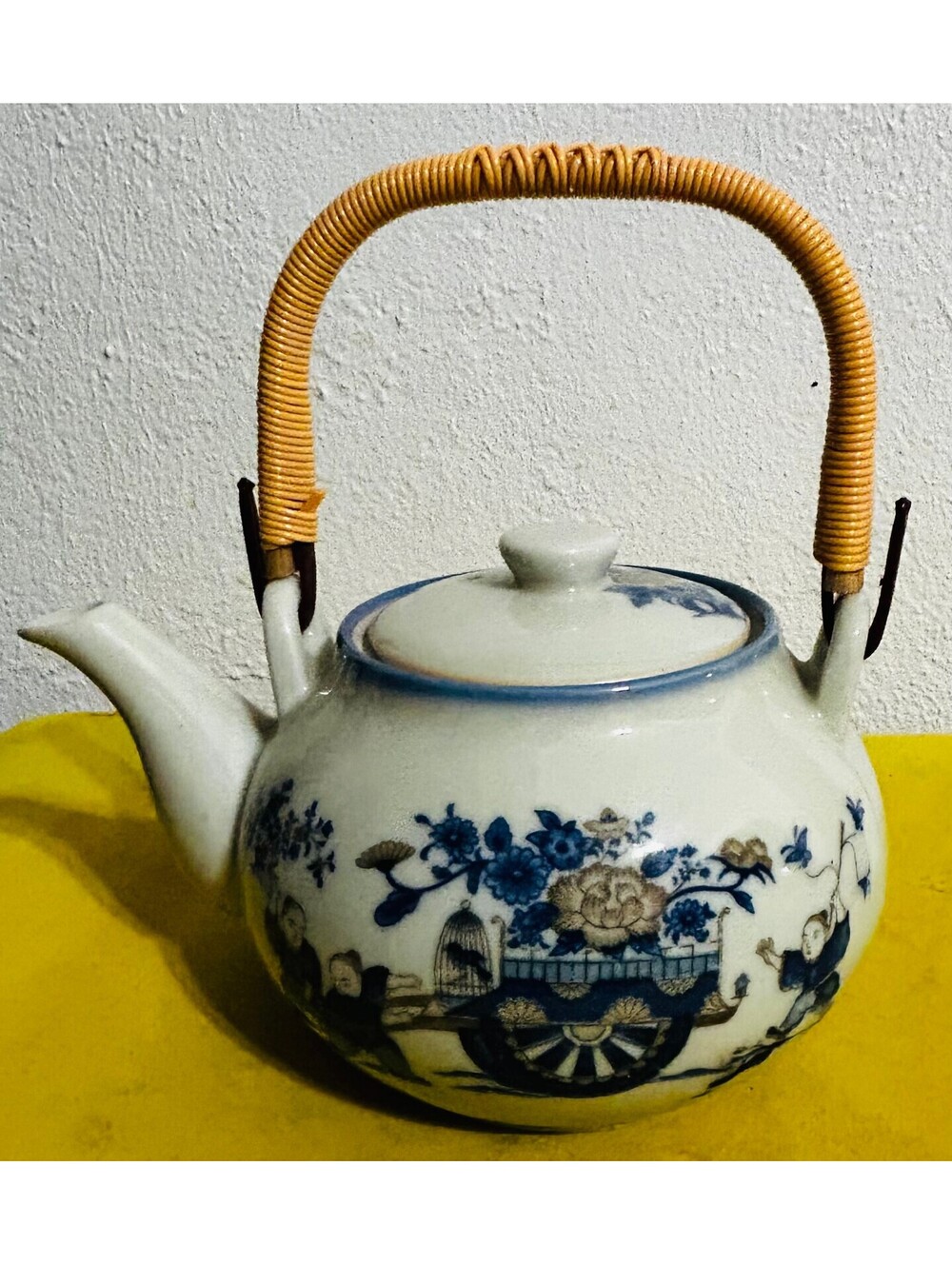 Vintage Japanese Blue White Ceramic Teapot Bamboo Handle Chinoiserie Floral